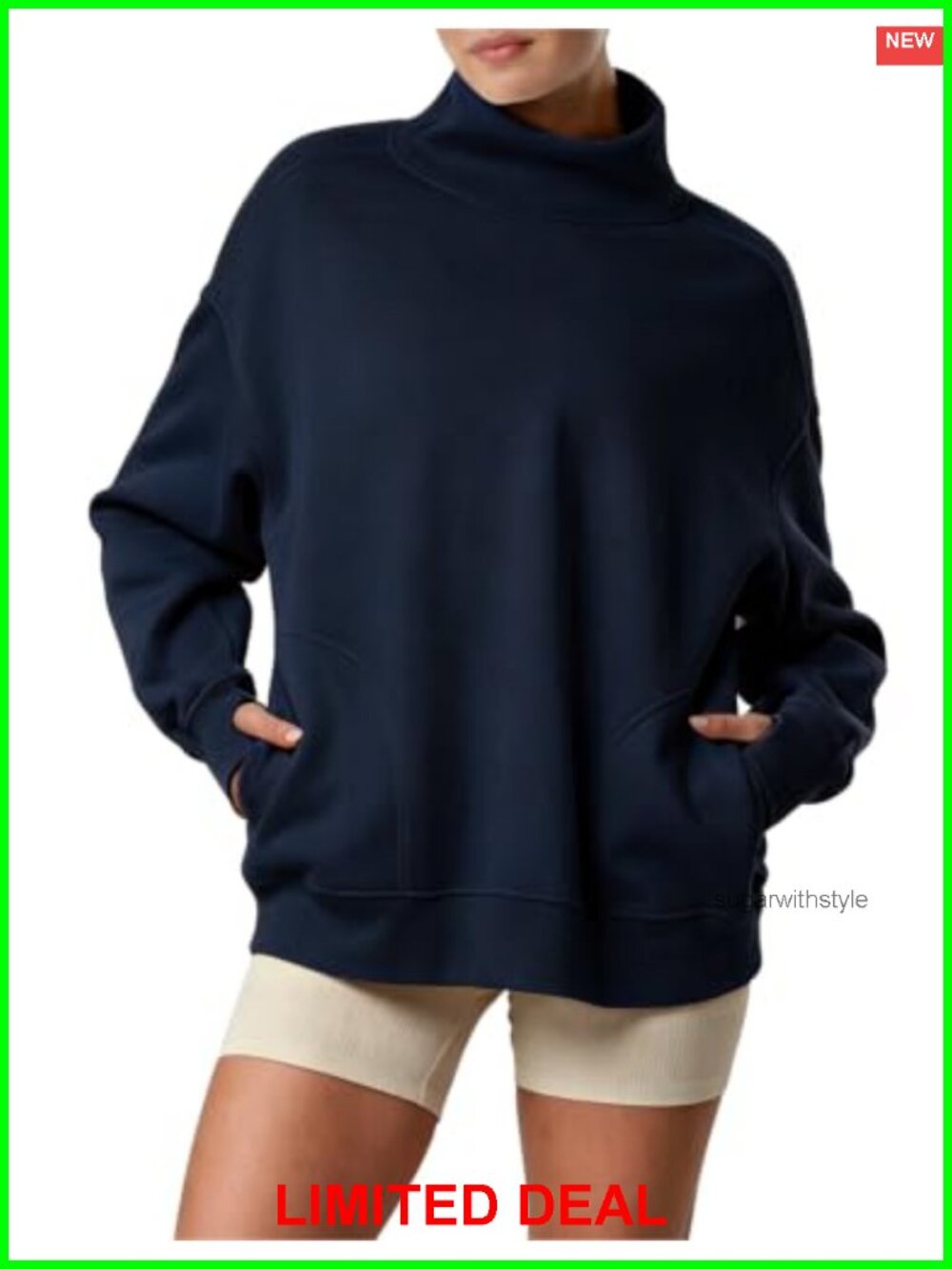 Oversized Fleece Lined Mock Neck Sweatshirt with Thumb Holes and Pockets